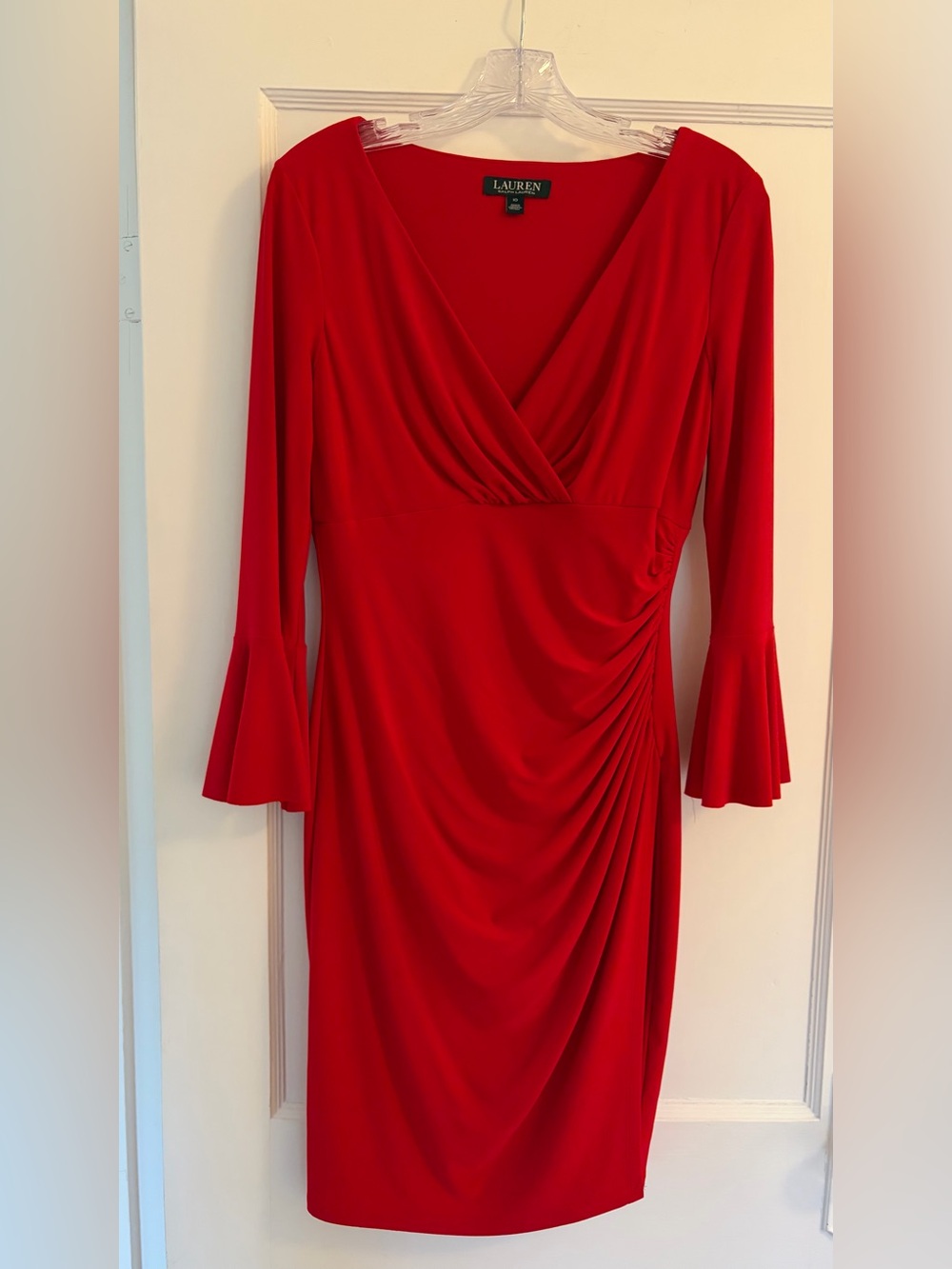 Ralph Lauren Red Dress Cross-Bodice Ruffle Cuff with Shirred Waist Womenβs 10